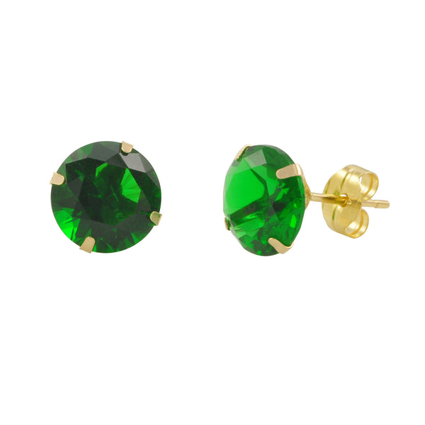 14k Yellow Gold Emerald Cubic Zirconia Stud Earrings Round Birthstone CZ - Jewelryland.com