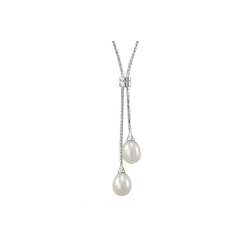 White Freshwater Pearl Double Dangle Necklace .925 Sterling Silver, 16" + 2" ext - Jewelryland.com