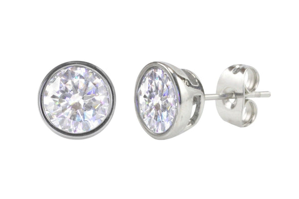 Round Clear CZ Bezel Set Stainless Steel Mens Women Stud Earrings Cubic Zirconia - Jewelryland.com