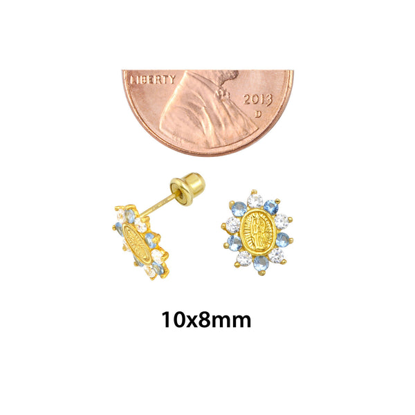 Sterling Silver Guadalupe Stud Earrings Aqua Cubic Zirconia Gold Plated 10mm - Jewelryland.com