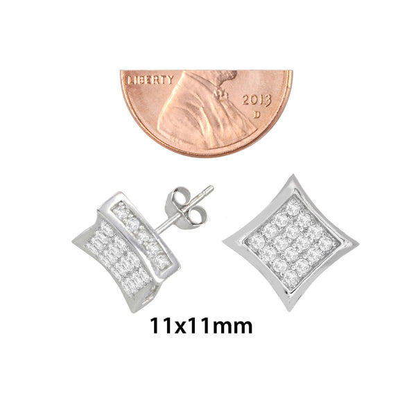Sterling Silver Mens Stud Earrings Kite Shaped 3d Side Stones Clear Pave CZ 11mm - Jewelryland.com