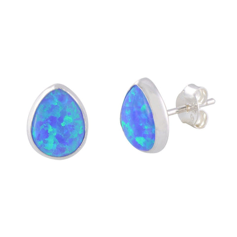 Opal Stud Earrings Gemstone Sterling Silver Blue Green Teardrop shape 9mmx7mm - Jewelryland.com