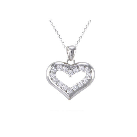 Sterling Silver Open Heart Pendant Necklace White Pave CZ Cubic Zirconia Stones - Jewelryland.com