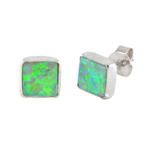 Green Opal Gemstone Studs 925 Sterling Silver Earrings 7mm Square - Jewelryland.com