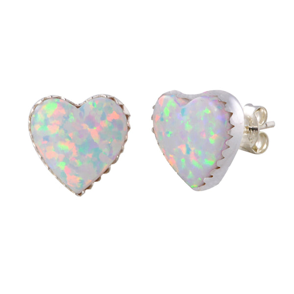Sterling Silver Opal Gemstone Earrings Iridescent Pearl 11mm Heart - Jewelryland.com