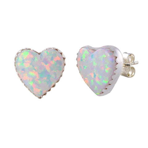 Sterling Silver Opal Gemstone Earrings Iridescent Pearl 11mm Heart - Jewelryland.com