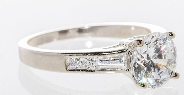 Cubic Zirconia Solitaire Ring 2ct Round CZ Baguettes Sterling Silver - Jewelryland.com