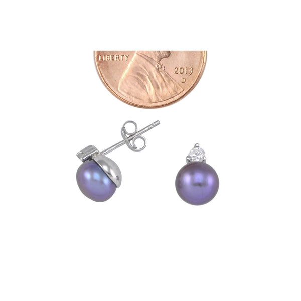 7mm Black Pearl Stud Earrings with White CZ .925 Sterling Silver - Jewelryland.com