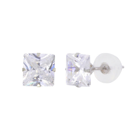 14k White Gold Square CZ Stud Earrings Prong Set Clear Cubic Zirconia Silicone Backs - Jewelryland.com