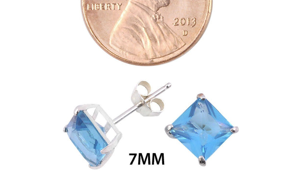 Square Blue Topaz CZ December Birthstone Stud Earrings .925 Silver Basket Set - Jewelryland.com