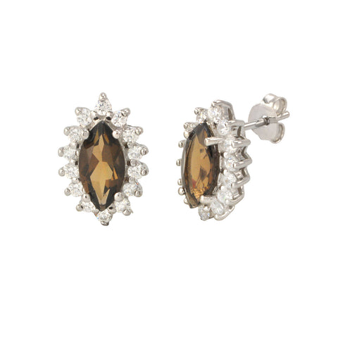 Smoky Quartz Gemstone Stud Earrings 925 Sterling Silver Elongated Oval - Jewelryland.com