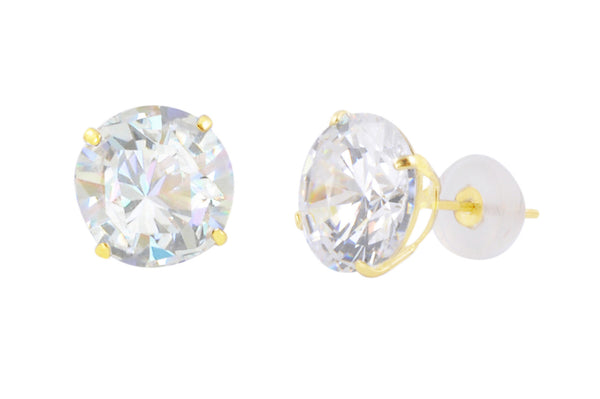 14k Yellow Gold Clear Round Basket Cubic Zirconia Stud Earrings Silicone Backs - Jewelryland.com