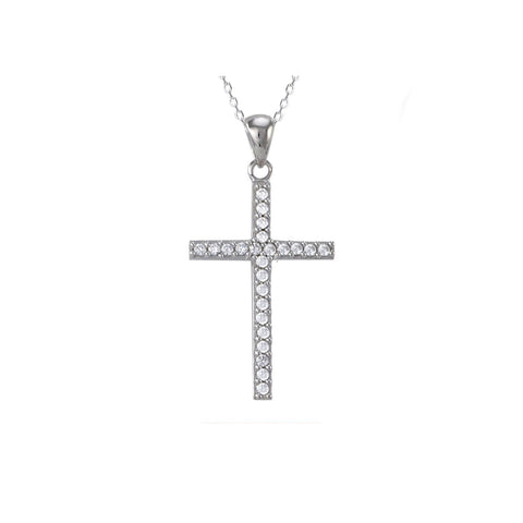 Sterling Silver Cross Pendant Necklace White Micropave CZ Cubic Zirconia Stones - Jewelryland.com
