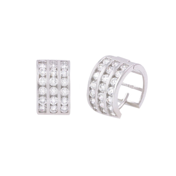 Clear CZ Huggie Earrings Hinged Hoops 925 Silver 3 Row Cubic Zirconia 13mm x 8mm - Jewelryland.com