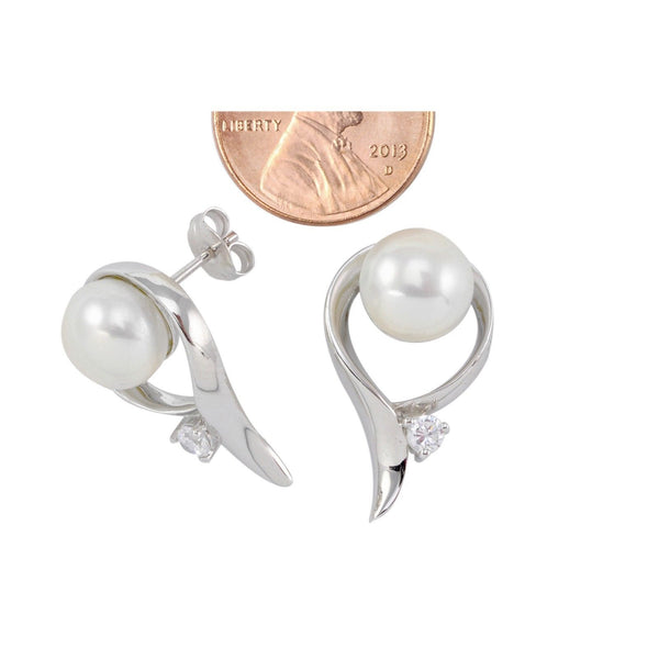.925 Sterling Silver White Freshwater Pearl Earrings High Polish Single CZ - Jewelryland.com