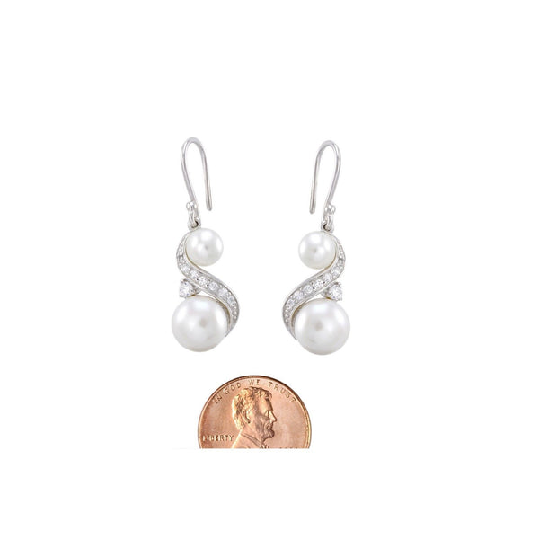 Double White Freshwater Pearl Sterling Silver Dangle Earrings Swirl CZ Accent - Jewelryland.com