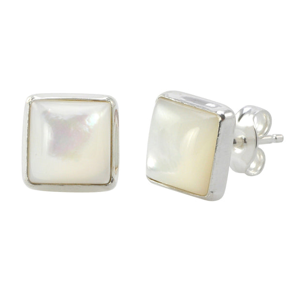 Mother of Pearl Gemstone Earrings Sterling Silver 9mm Square - Jewelryland.com