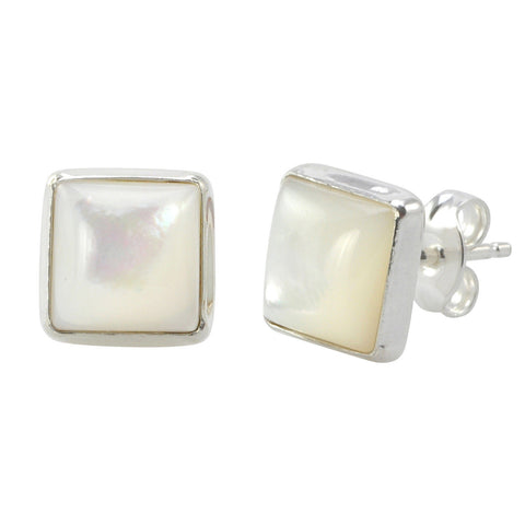 Mother of Pearl Gemstone Earrings Sterling Silver 9mm Square - Jewelryland.com
