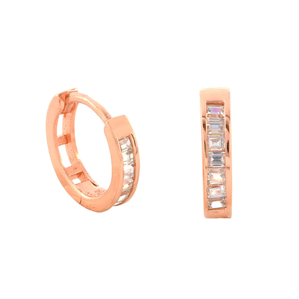 Sterling Silver Hoops Rose Gold Plated Huggie Earrings Cubic Zirconia 12mm x 3mm - Jewelryland.com