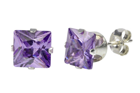 Amethyst Square CZ Stud Earrings February Birthstone 925 Silver Prong Set - Jewelryland.com