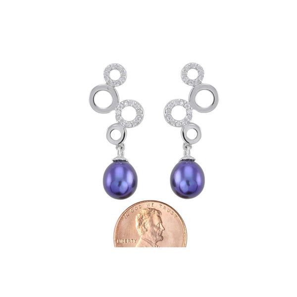925 Sterling Silver Black Pearl Dangle Earrings with 4 Large White CZ Circles - Jewelryland.com
