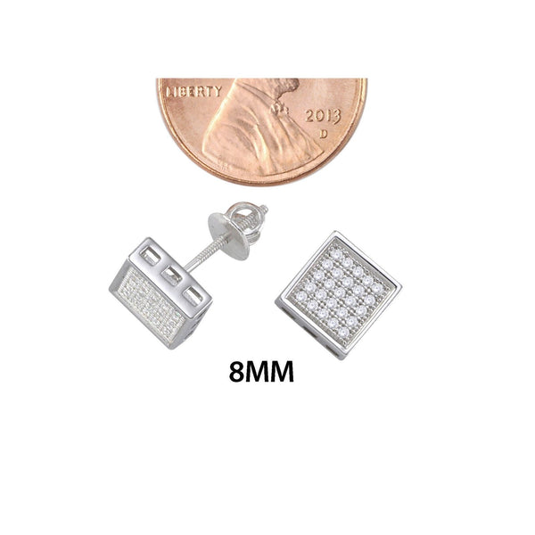 Screw Back Stud Earrings Sterling Silver Pave CZ Cubic Zirconia 8mm Square - Jewelryland.com