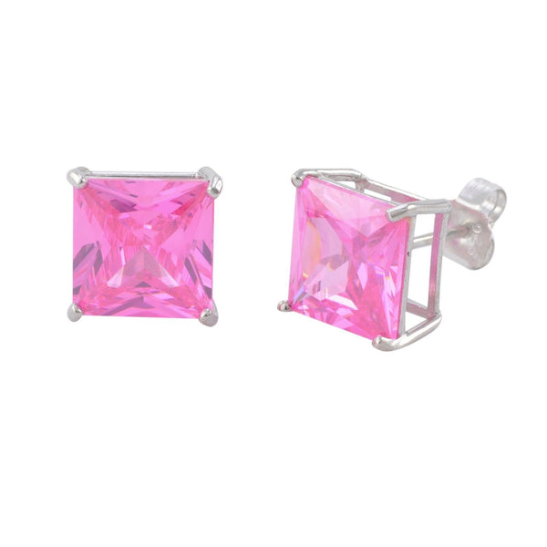 Square Pink CZ October Birthstone Stud Earrings .925 Sterling Silver Basket Set - Jewelryland.com