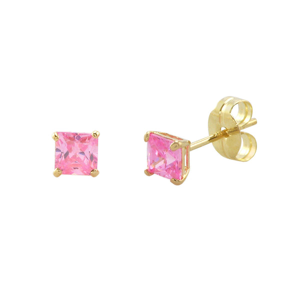 10k Yellow Gold Square Pink CZ Stud Earrings Cubic Zirconia Basket Set - Jewelryland.com