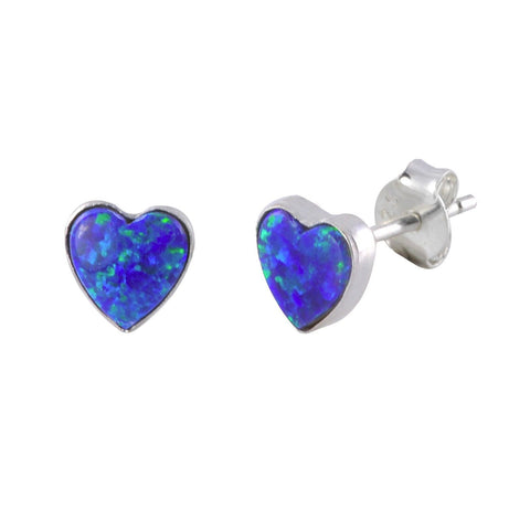 Opal Heart Stud Earrings .925 Sterling Silver Iridescent Navy Blue Green 6mm USA - Jewelryland.com