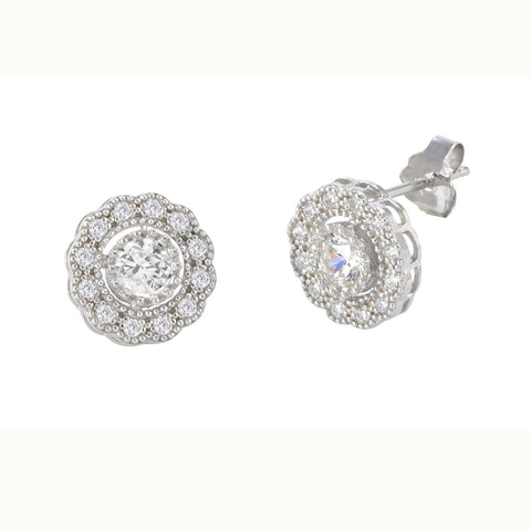 Flower Petal Stud Earrings Sterling Silver Pave White CZ Cubic Zirconia 10mm - Jewelryland.com