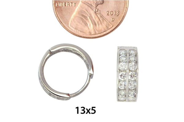 14k White Gold Huggie Hoop Earrings Two Row Cubic Zirconia 13mm x 5mm - Jewelryland.com