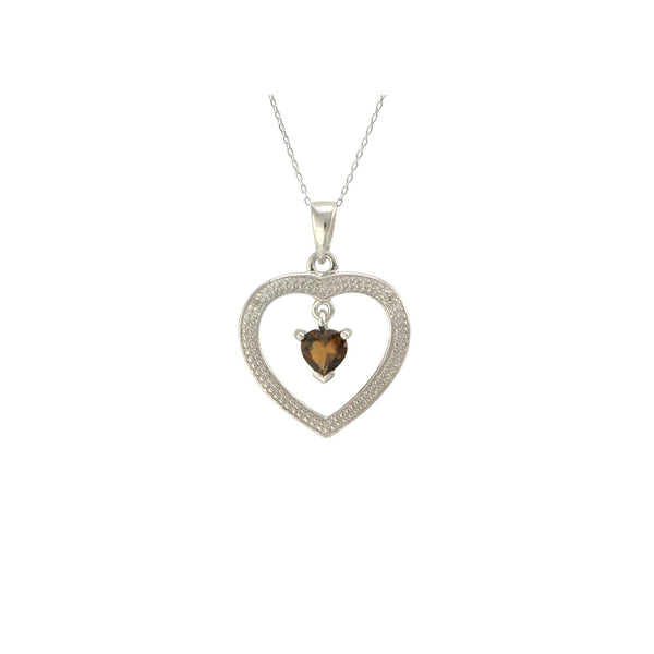 Sterling Silver Smoky Quartz and Diamond Open Heart Necklace (.01 cttw, I-J, I2) - Jewelryland.com