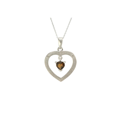 Sterling Silver Smoky Quartz and Diamond Open Heart Necklace (.01 cttw, I-J, I2) - Jewelryland.com