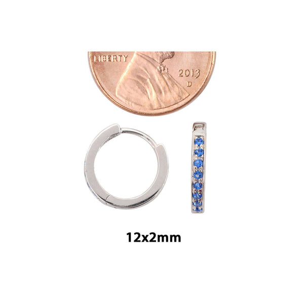 Sterling Silver Kid's Small Hoop Earrings 1 Row Blue Cubic Zirconia 12mm x 2mm - Jewelryland.com