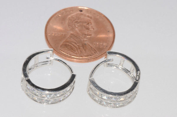 925 Sterling Silver Huggie Hoops Hinged Earrings Snap Closure 14mm 2 Row CZ - Jewelryland.com