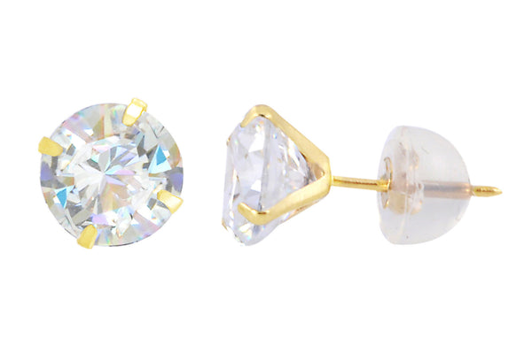 14k Yellow Gold Round CZ Cubic Zirconia Stud Earrings with Safety Silicone Backs - Jewelryland.com