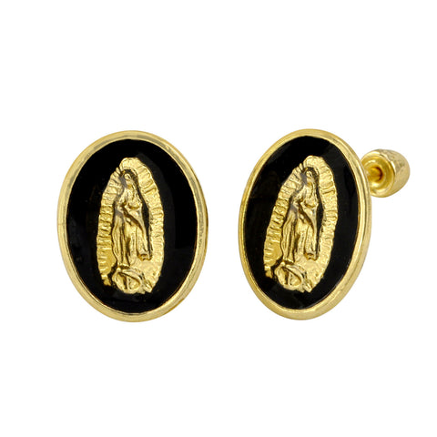 10k Yellow Gold Earrings Guadalupe Black Oval Medallion Studs with Screwbacks - Jewelryland.com