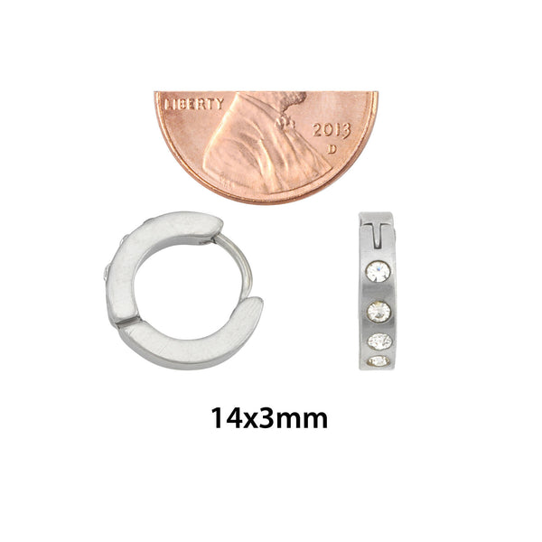 Stainless Steel Huggie Hinged CZ Hoop Earrings 14mm High Polish - Jewelryland.com
