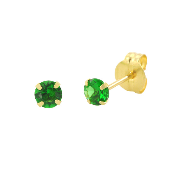 14k Yellow Gold Emerald Cubic Zirconia Stud Earrings Round Birthstone CZ - Jewelryland.com
