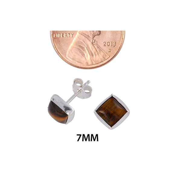 Sterling Silver Gemstone Stud Earrings Tiger's Eye 7mm Square - Jewelryland.com