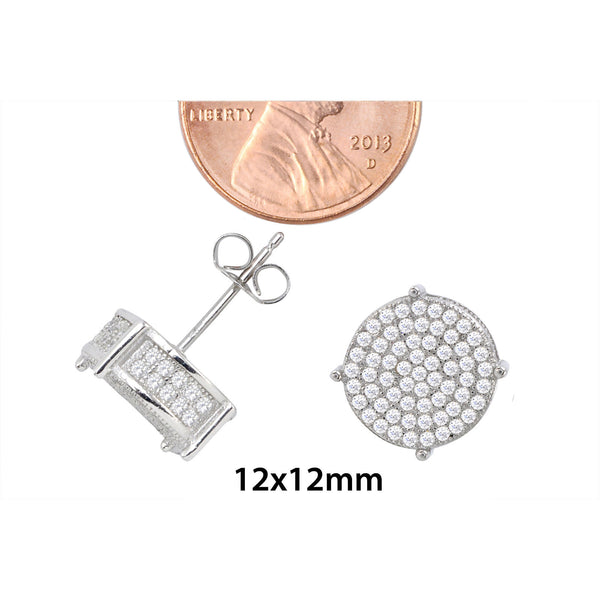Sterling Silver Cubic Zirconia Mens Stud Earrings Pave 3d Sidestones 12mm - Jewelryland.com