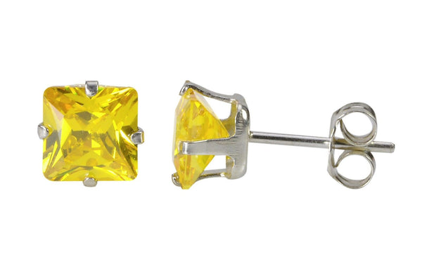 Citrine Square Cubic Zirconia Stud Earrings 925 Silver November Birthstone Prong - Jewelryland.com