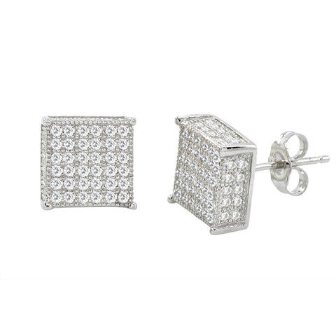 Sterling Silver Micro Pave Stud Earrings Clear Square 3d Sidestones 10mm x 10mm - Jewelryland.com