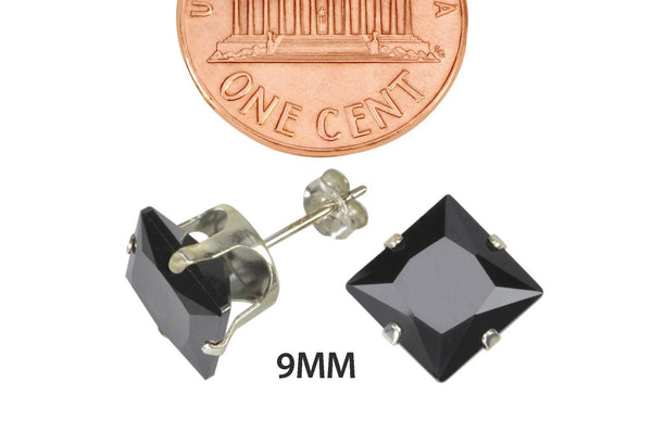 Black Square Cubic Zirconia Stud Earrings CZ Prong Set 925 Sterling Silver - Jewelryland.com