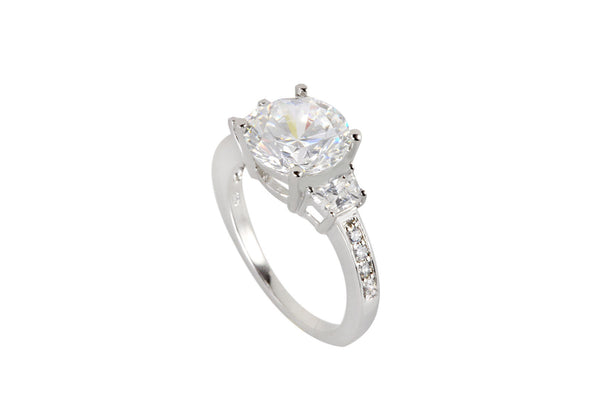 Three Stone Ring Sterling Silver 10mm Cubic Zirconia CZ with Rhodium - Jewelryland.com