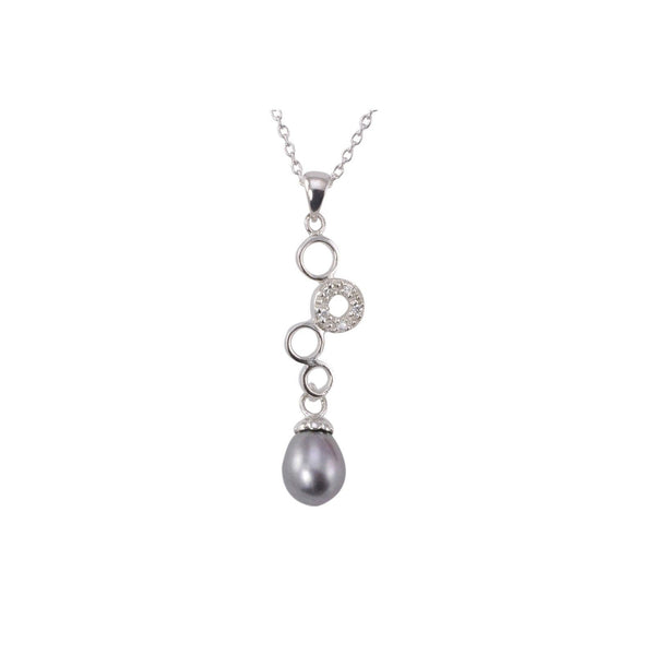Black Pearl Necklace with 4 Circles White CZ .925 Sterling Silver, 18" Chain - Jewelryland.com