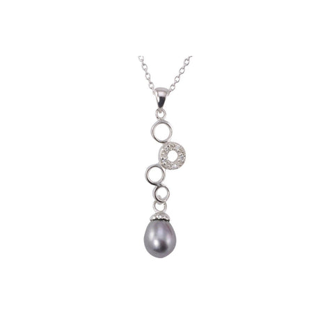 Black Pearl Necklace with 4 Circles White CZ .925 Sterling Silver, 18" Chain - Jewelryland.com