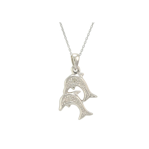 Sterling Silver Double Dolphin Diamond Necklace (.01 cttw, I-J, I2-I3) - Jewelryland.com