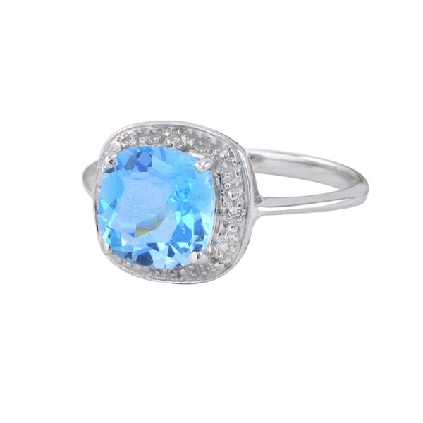 Sterling Silver .01 TCW Genuine Diamond Ring with Square Blue Topaz Center Stone - Jewelryland.com