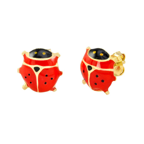 10k Yellow Gold Lady Bug Stud Earrings Hand Painted Red and Black 8x8 - Jewelryland.com